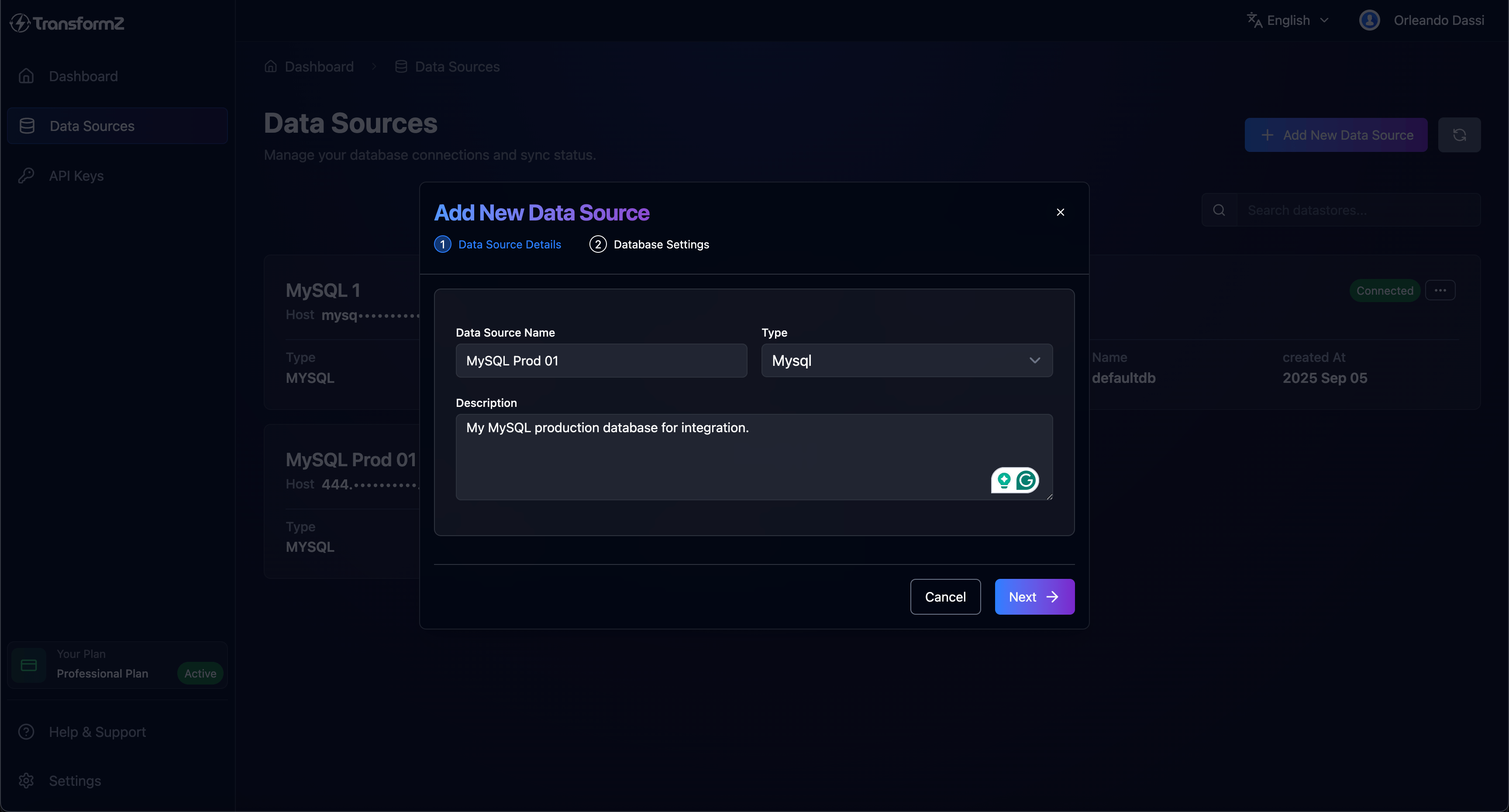 TranformZ MySQL Data Source details